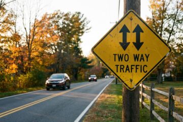 a street sign with double ended arrows and the words Two Way Traffic. car on the road in the distance. Fall trees.