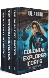 3d boxed set entitled Colonial Explorer Corps with three books inside: the Earth Concurrence, the Grissom Contention and the Saha Declinatino