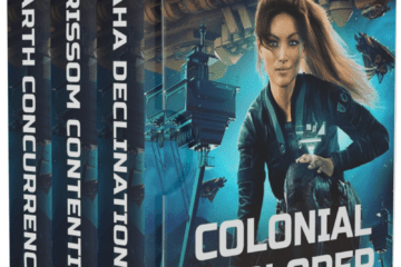 3d boxed set entitled Colonial Explorer Corps with three books inside: the Earth Concurrence, the Grissom Contention and the Saha Declinatino