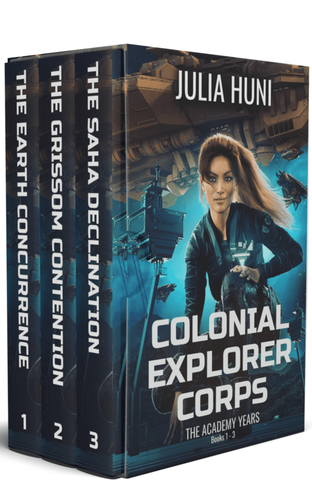 3d boxed set entitled Colonial Explorer Corps with three books inside: the Earth Concurrence, the Grissom Contention and the Saha Declinatino