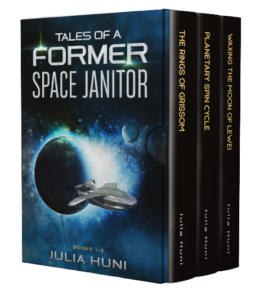 3d box containing three books with planet and space ship on the front