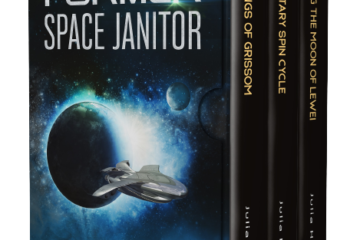 3d box containing three books with planet and space ship on the front