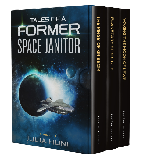 3d box containing three books with planet and space ship on the front