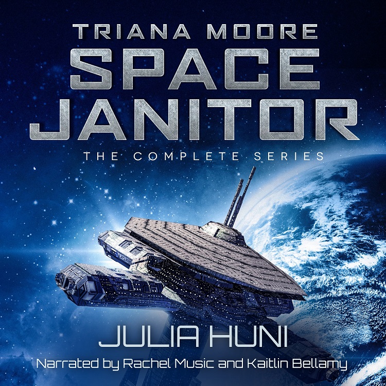 audiobook cover Triana Moore Space Janitor. Space station by a planet in shades of blue