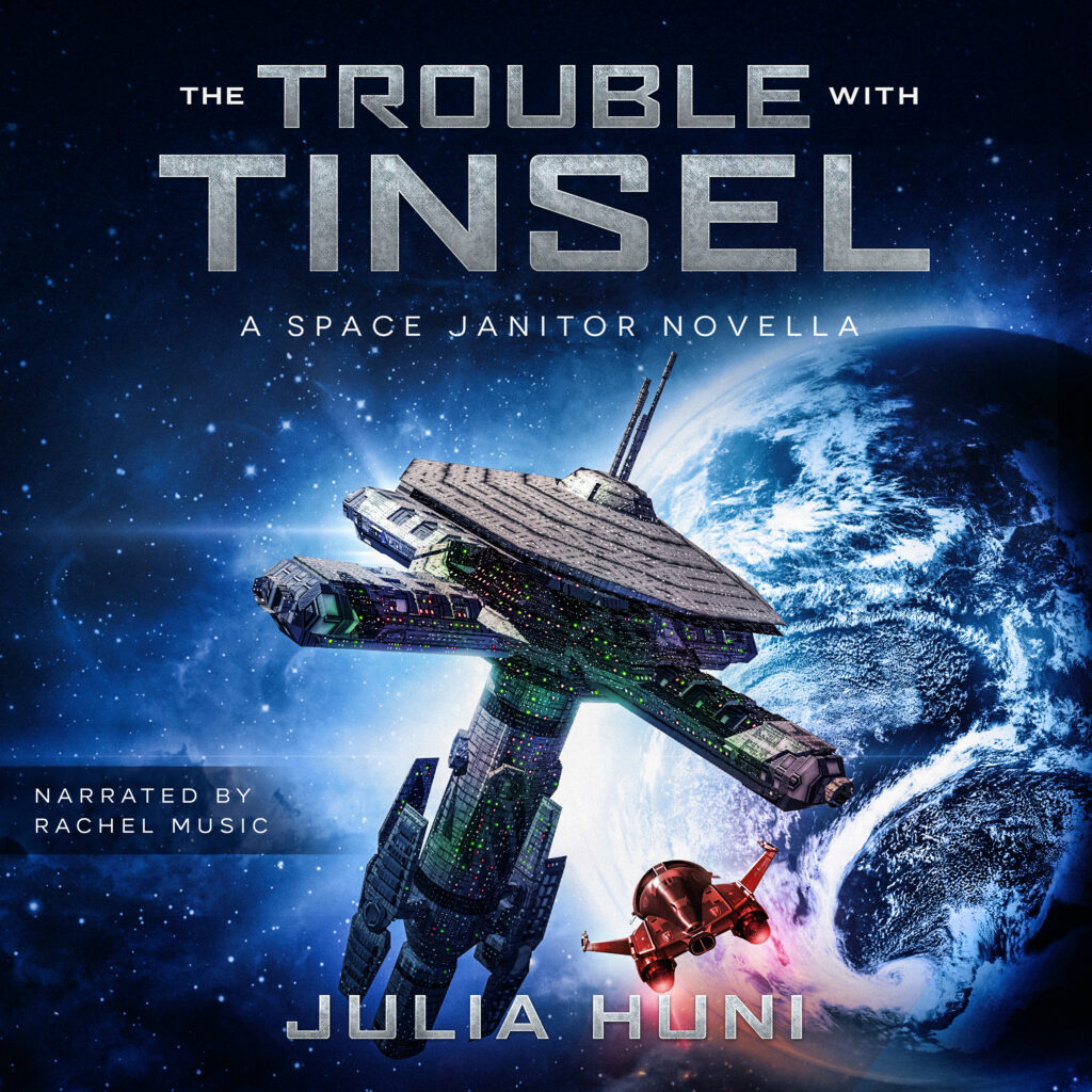 Audiobook cover, red space ship flying toward space station