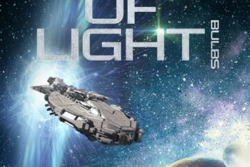 Bookcover for Changing the Speed of Light Bulbs. A space ships flies out of a rift in the space-time continuum above a redish planet.