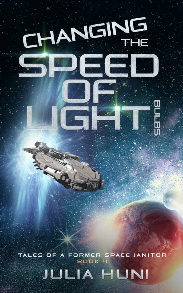 Bookcover for Changing the Speed of Light Bulbs. A space ships flies out of a rift in the space-time continuum above a redish planet.