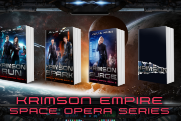 four books of the Krimson Empire series on a backdrop of a space station interior.