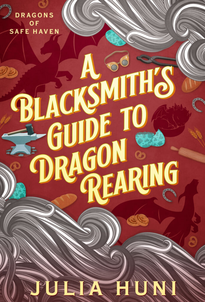 Cover for A Blacksmith's Guide to Dragon Rearing. Red with gray smoke in line art, dragons, an anvil and some bakery items. Author: Julia Huni