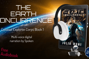 Audiobook cover on a space background. Text: The Earth Concurrence. Multi-voice digital narration by Spoken. Free audiobook