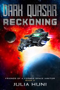 Book cover for Dark Quasar Reckoning depicts a space ship headed toward a blue planet with a moon in the background and a tiny shuttle flying between the planet and the moon