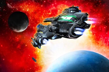 Book cover for Dark Quasar Reckoning depicts a space ship headed toward a blue planet with a moon in the background and a tiny shuttle flying between the planet and the moon