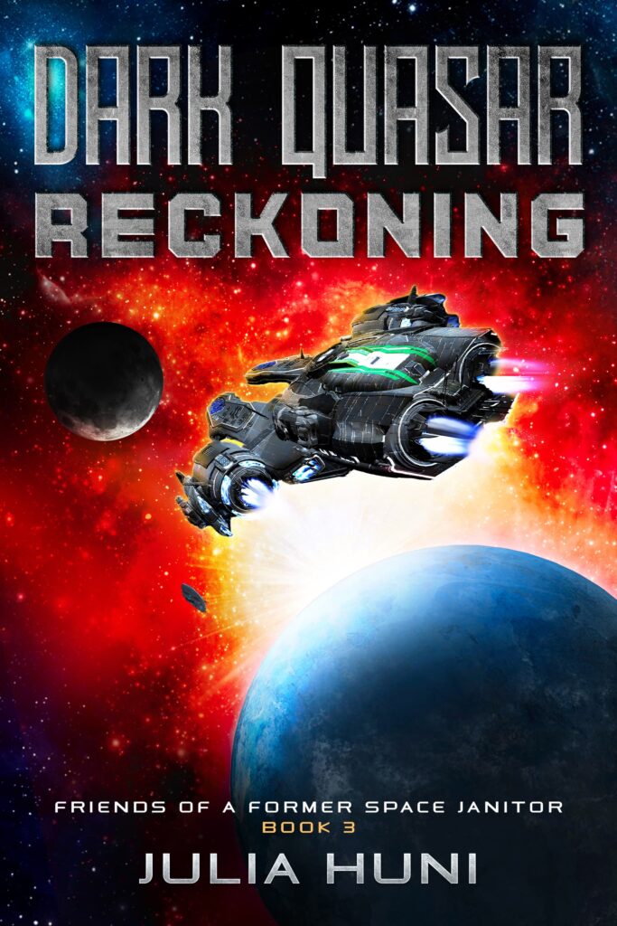 Book cover for Dark Quasar Reckoning depicts a space ship headed toward a blue planet with a moon in the background and a tiny shuttle flying between the planet and the moon