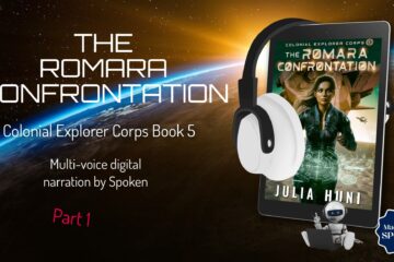 audiobook of The Romara Confrontation on a space background with the words Part one narrated by the voices at Spoken