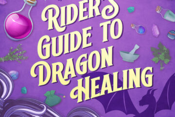 book cover: A Rider's Guide Dragon Healing by Julia Huni. Features stylized waves in purple on a light purple background with images of dragons, potions, and crystals.
